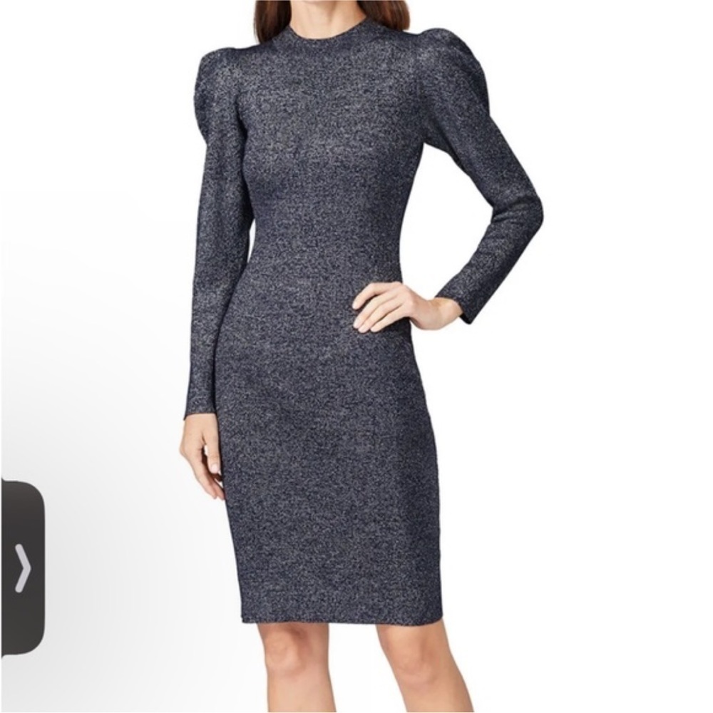 Sachin‎ & Babi Amelie Metallic Sheath Dress Long Sleeves Puff Shoulders Blue